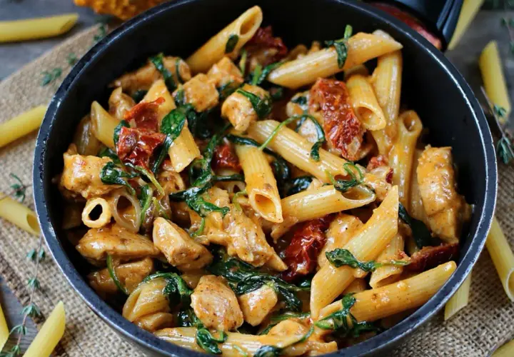 Penne z kurczakiem, szpinakiem i suszonymi pomidorami w kremowym sosie. Pyszny kurczak po toskańsku wprost z patelni.
