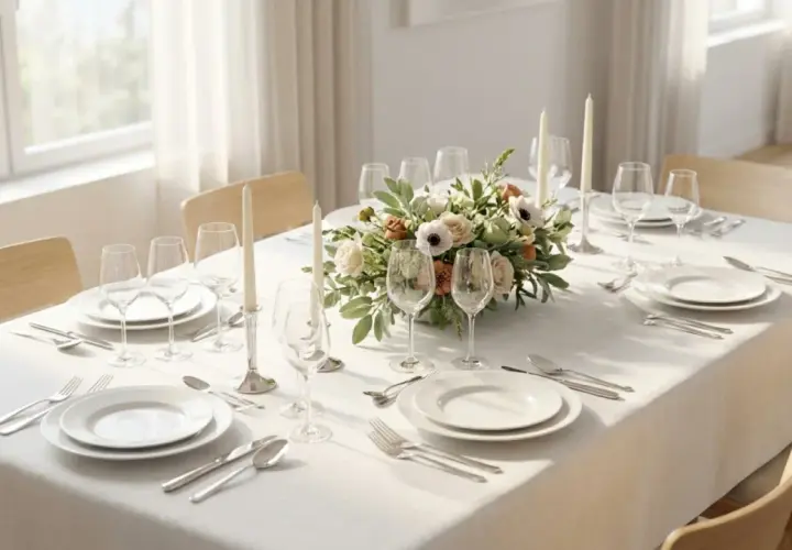 Un dressage de table simple avec des assiettes blanches, des verres à pied, des bougies et un centre de table floral.