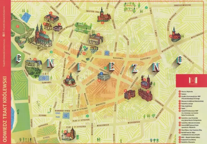 Mapa Gniezna z zaznaczonymi atrakcjami dla dzieci, w tym zabytkami i parkami.