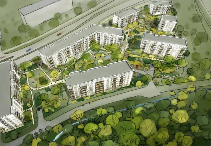 Wizualizacja osiedla Harmonia Mokotów: nowoczesne budynki mieszkalne otoczone zielenią i placami zabaw.