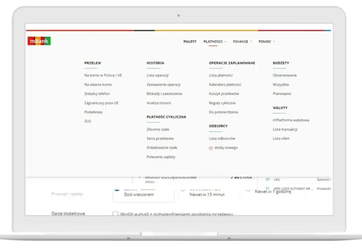Menu mBank: przelewy, historia, płatności cykliczne, odbiorcy, operacje zaplanowane, budżety, waluty. Jak wyłączyć dzienny wykaz operacji mbank?