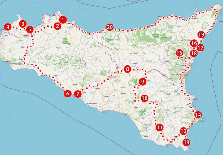 Mappa della Sicilia con itinerario turistico numerato. Un viaggio ideale per scoprire l'isola, magari dopo aver pagato la tassa automobilistica Sicilia.