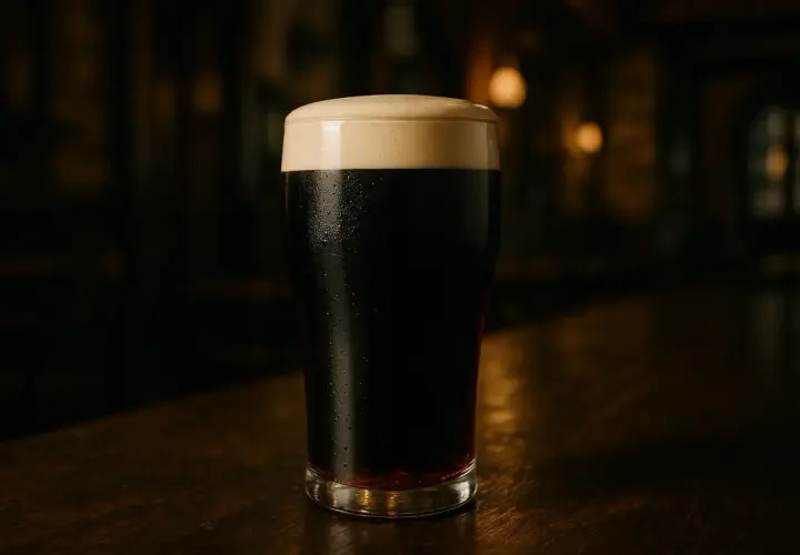 Un verre de Guinness, d'un noir profond, sur un comptoir en bois. La mousse crémeuse couronne cette bière iconique, expliquant pourquoi la Guinness est noire.