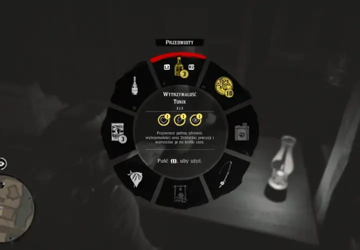 Red Dead Redemption poradnik: Koło przedmiotów z tonikiem wytrzymałości. Przywraca zdrowie i wzmacnia na chwilę.