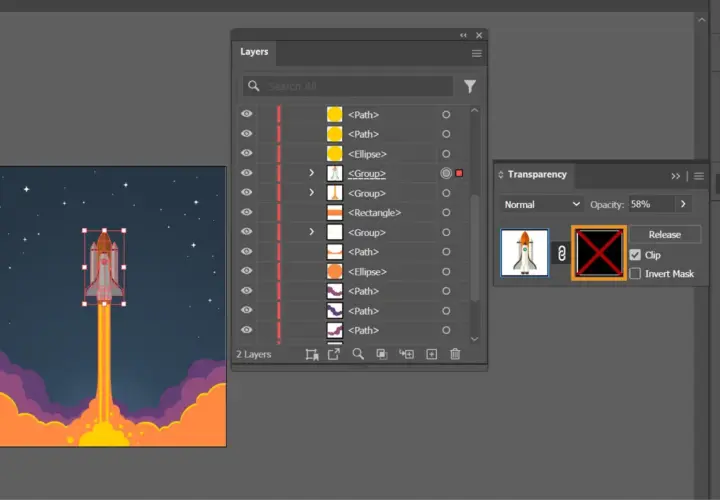 Illustrator: Rakete startet, Wolken steigen auf. Ein Masken-Symbol mit rotem Kreuz ist sichtbar, bereit, eine Maske zu erstellen.