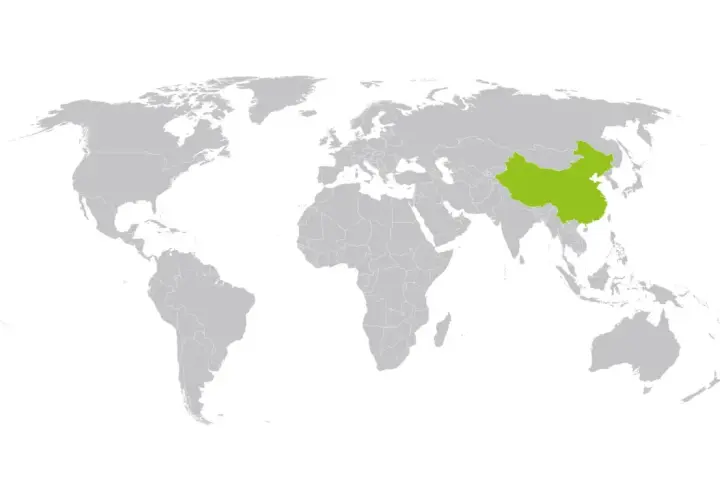 Mapa świata z zaznaczonym na zielono krajem. To Chiny, cel Twojej paczki do Chin.