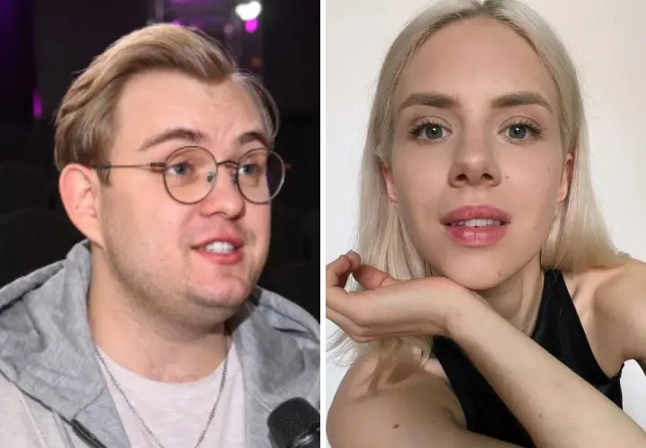 Kevin Mglej, jak dziecko, z okularami i dziewczyna z blond włosami.