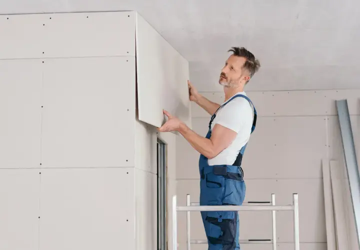 Operaio in tuta blu posiziona un pannello di cartongesso sul soffitto, completando il lavoro di fissare cartongesso direttamente su parete.