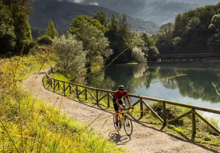 Ciclista pedalea por una de las vías verdes España, junto a un lago sereno y rodeado de exuberante vegetación.