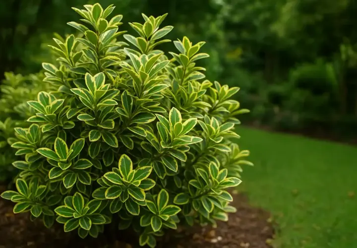 Un arbuste d'Euonymus japonicus aux feuilles vertes et jaunes bordées de vert vif, dans un jardin verdoyant.