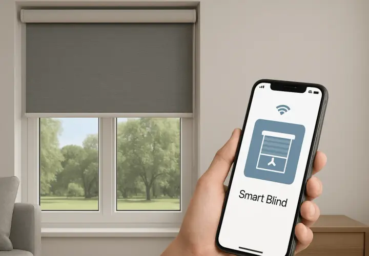Sterowanie automatyczną roletą wewnętrzną za pomocą smartfona. Widok na okno z zielenią w tle.