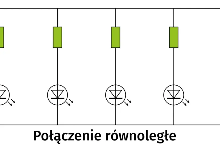Schemat połączenia równoległego pięciu rezystorów i diod. Każda dioda świeci niezależnie.