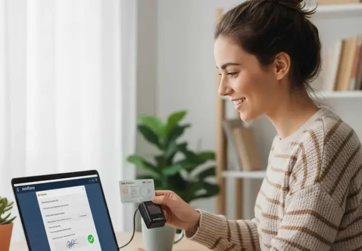 Mujer sonríe mientras usa su tarjeta de identificación para firmar PDFs en su laptop.