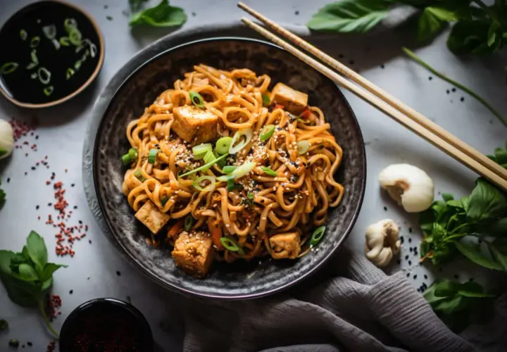 Miseczka pełna aromatycznego **udon z tofu**, posypana szczypiorkiem i sezamem. Obok pałeczki i sos sojowy.