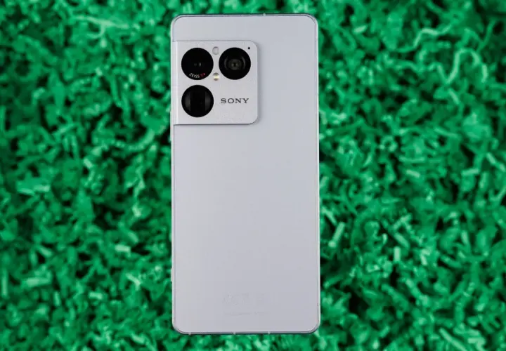 Srebrny smartfon Sony Xperia 1 VIII z potrójnym aparatem Zeiss na zielonym tle.