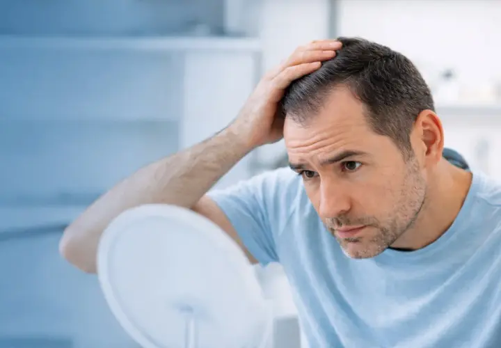 Hombre preocupado se toca la cabeza, observando las entradas en el pelo en el espejo.