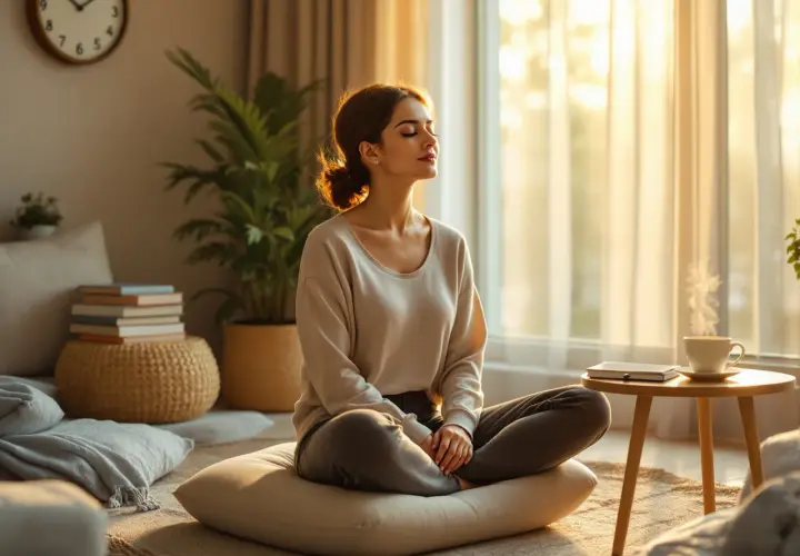Kobieta medytuje w pokoju, czując spokój. To właśnie mindfulness – świadome bycie tu i teraz.