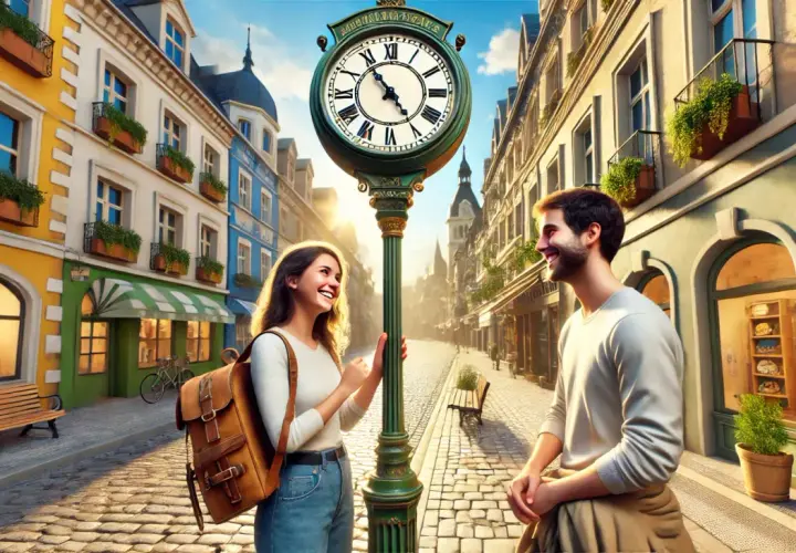 Coppia sorridente sotto un orologio stradale. Lei chiede: "come si dice ore in inglese?".