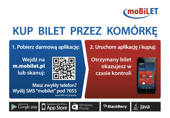 Kup bilet przez komórkę z aplikacją moBiLET. Pobierz ją lub wyślij SMS.