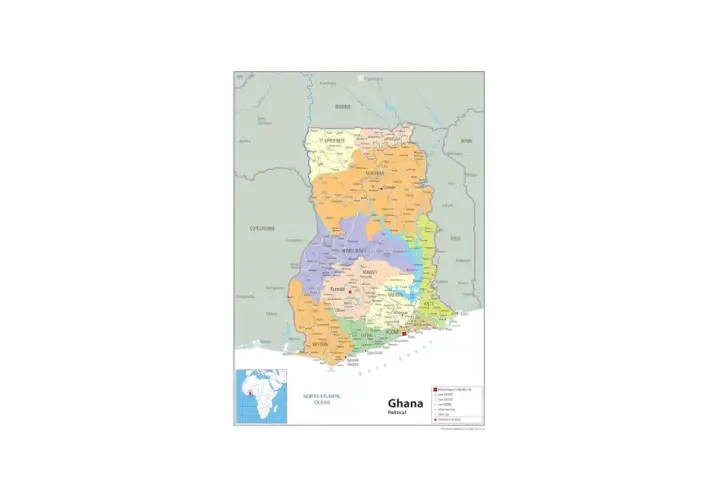 Mapa polityczna Ghany, pokazująca jej położenie w Afryce Zachodniej, sąsiadujące kraje i regiony.