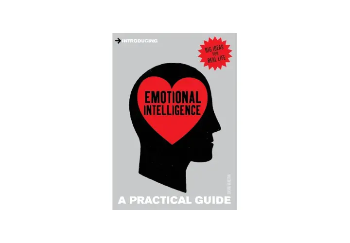 Book cover: "Emotional Intelligence: A Practical Guide." A silhouette of a head contains a red heart with the title. This guide fosters care and compassion.