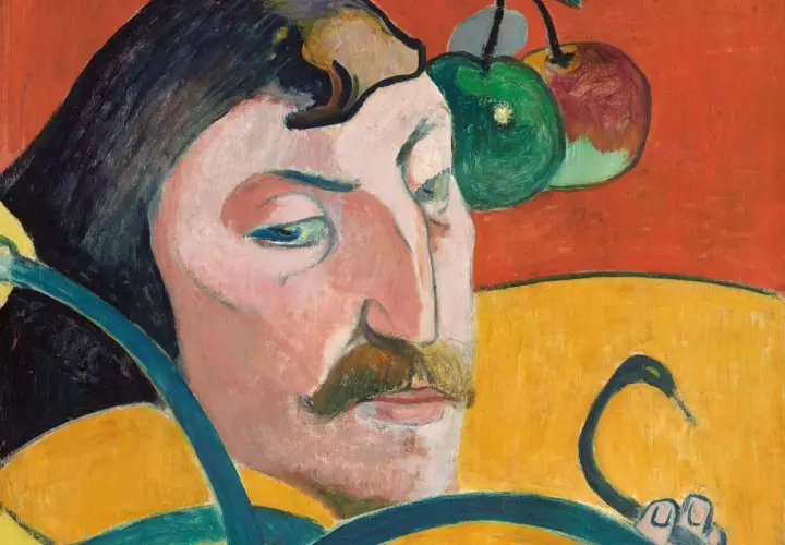 Portret mężczyzny z wąsami i jabłkami nad głową, w stylu Paula Gauguina.