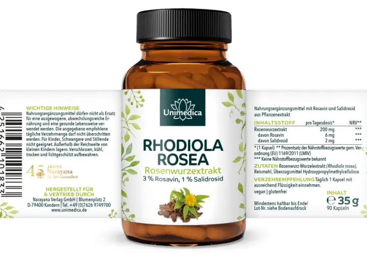 Rhodiola Rosea Kapseln: Unterstützung für das Wohlbefinden, kann die Hormonbalance positiv beeinflussen. 200mg Rosenwurzextrakt pro Kapsel.