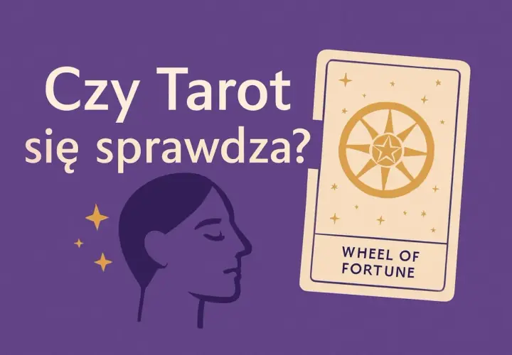 Czy tarot się sprawdza? Profil kobiety wpatrzony w kartę Koło Fortuny, otoczony gwiazdkami.