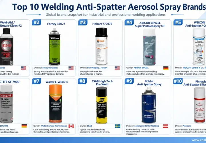 Top 10 preparatów antyodpryskowych w sprayu. Wśród nich Forney 37027, WEICON Anti-Spatter/Ceramic i Böhler Anti Spatter Spray.
