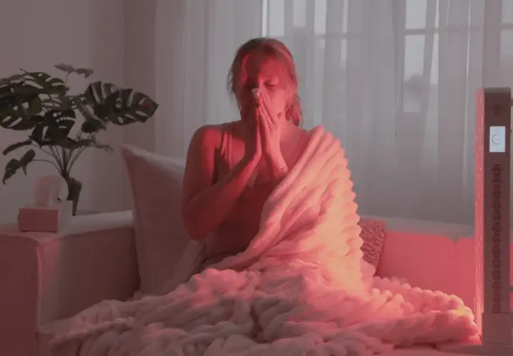 Frau mit Decke und Taschentuch, die sich im Rotlicht entspannt, weil Rotlicht bei Husten hilft.