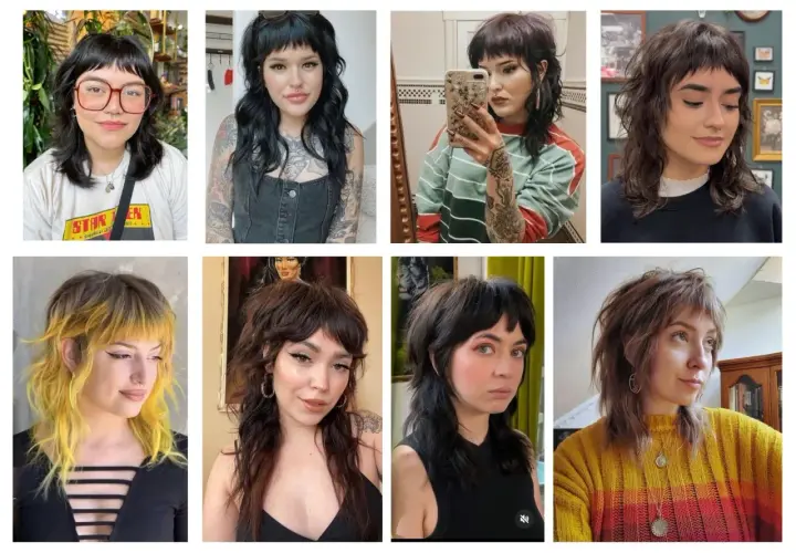 Kollage med åtta tjejer som visar upp olika varianter av den populära mullet frisyr.
