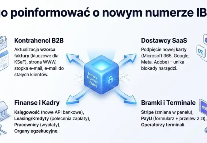 Grafika przedstawia nowy numer IBAN i jego zastosowanie w kontaktach z kontrahentami B2B, dostawcami SaaS, działami finansów i kadr, a także bramkami płatniczymi.