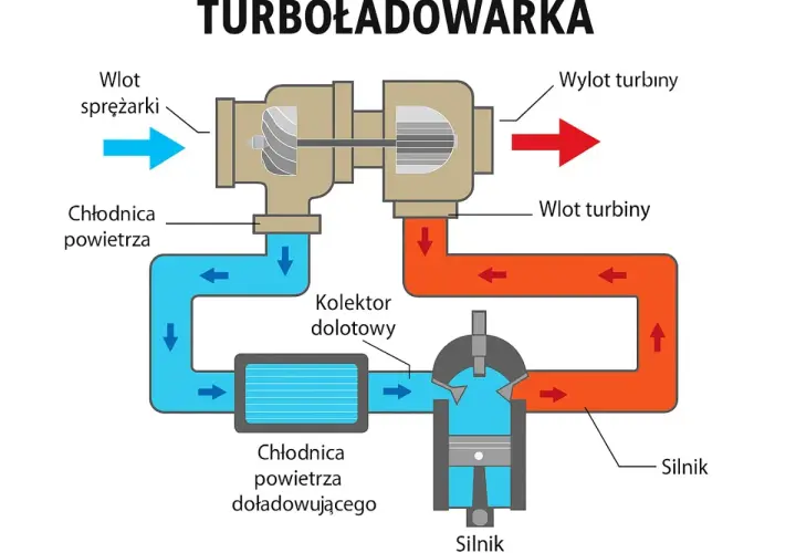 Schemat turbodoładowania silnika. Pokazuje przepływ powietrza przez sprężarkę, chłodnicę i turbinę, ilustrując różne rodzaje turbin i ich działanie.