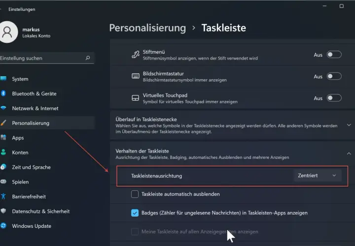 Windows 11: Taskleistenausrichtung auf "Zentriert" einstellen, um Dateien an Taskleiste anzuheften.