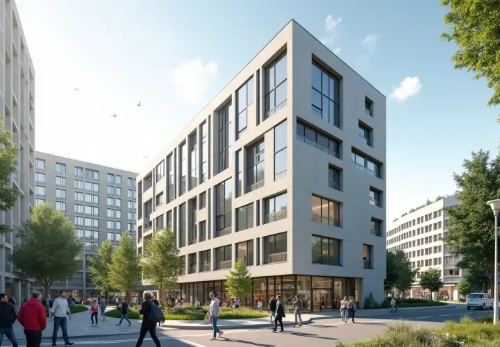 Nowoczesne budynki mieszkalne z dużymi oknami, zielenią i ludźmi spacerującymi po placu. Czy to nowe TBS?