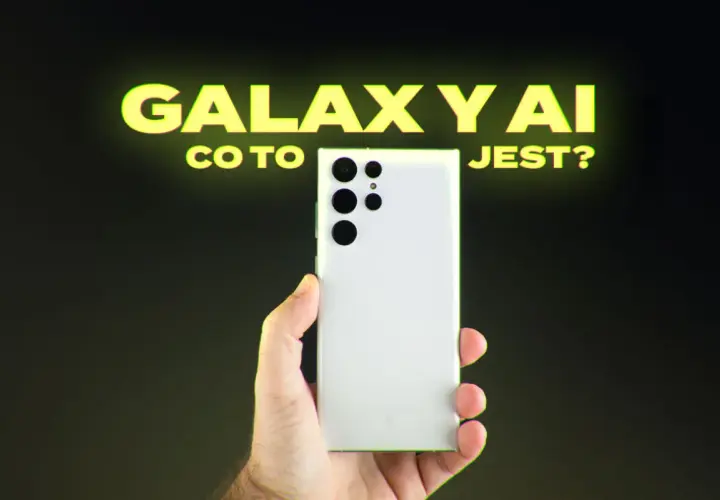 Biały telefon Galaxy z aparatem, nad nim napis "GALAXY AI CO TO JEST?". Dowiedz się, jak włączyć AI w telefonie.