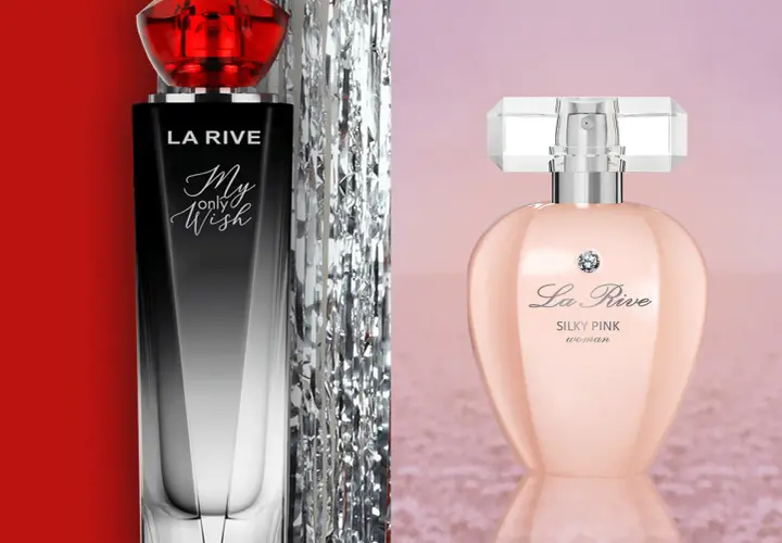 Dwa flakony perfum La Rive: "My only Wish" z czerwonym korkiem i "Silky Pink" w różowym odcieniu.