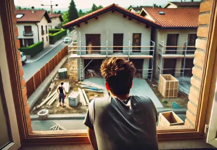 Un homme regarde une maison en construction, son regard pensif suggère qu'il pourrait contester un permis de construire pour perte de vue.