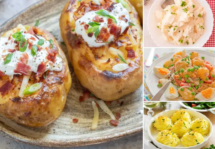 Variedad de recetas con patatas: patatas asadas rellenas, ensalada de patatas y huevos, y puré de patatas en forma de rosetas.