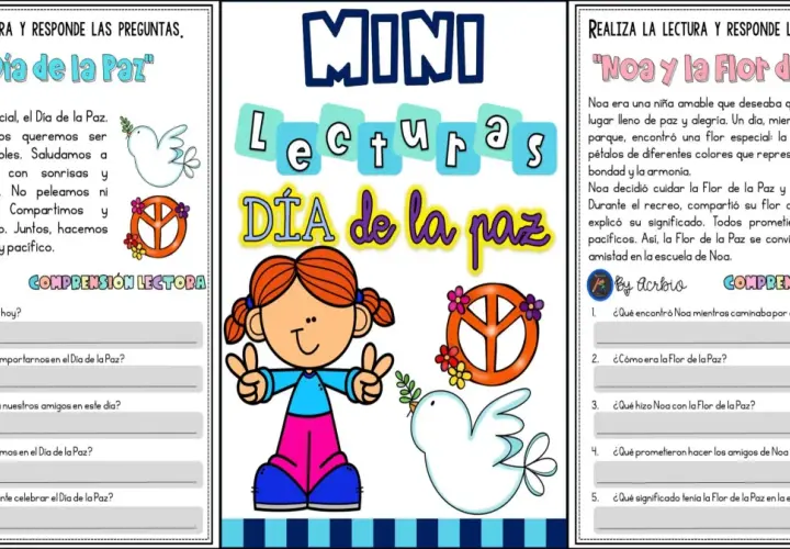 Fichas imprimibles para el Día de la Paz con lecturas y preguntas. Incluyen un texto sobre la importancia de la paz y otro sobre Noa y la Flor de la Paz.