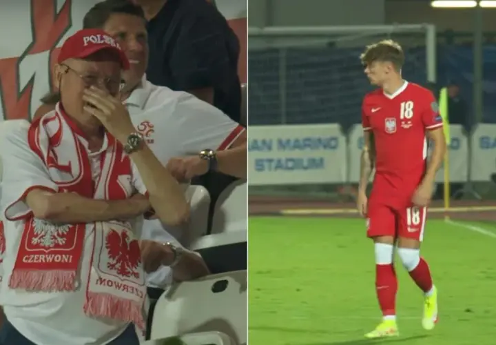 Wzruszony kibic w czapce "POLSKA" i szaliku z orłem, obok dumny nicola zalewski tata na boisku.