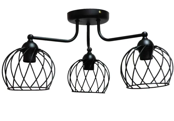 Czarna lampa sufitowa z drucianymi kloszami, idealna do nowoczesnych wnętrz. Dostępna w ofercie artykuły elektroinstalacyjne PHU Olsen.