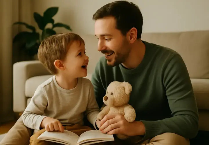 Padre e figlio leggono un libro, un modo per stimolare il linguaggio nei bambini. Il piccolo sorride, tenendo un orsacchiotto.