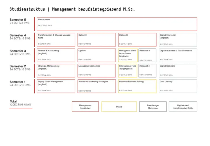Studienstruktur M.Sc. Management berufsintegrierend: Übersicht über Module,ECTS und SWS für das berufsbegleitende Studium in Mainz.