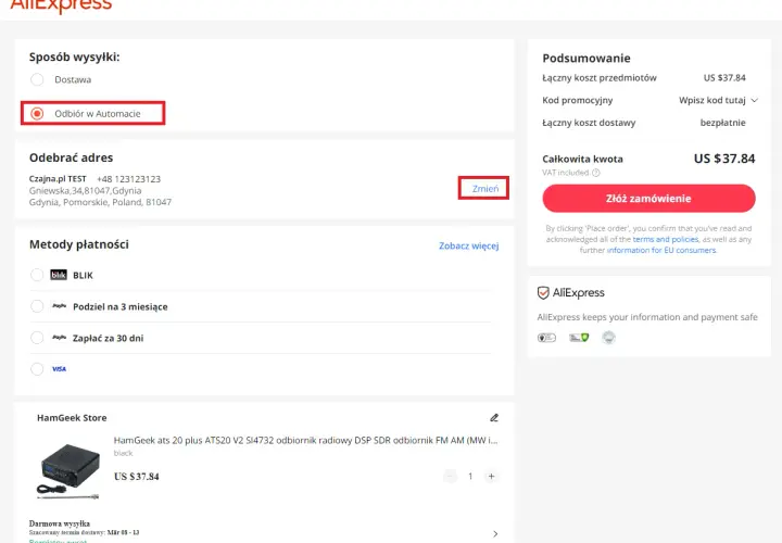 Zamówienie z AliExpress z opcją odbioru w automacie. Wybrano odbiór w paczkomacie.