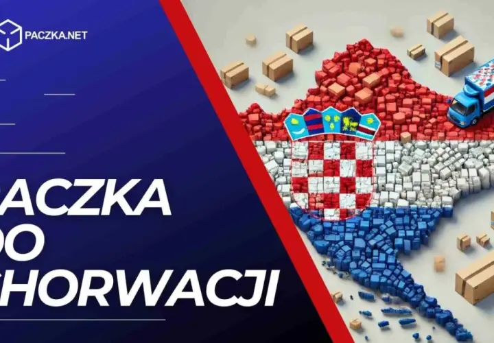 Mapa Chorwacji ułożona z paczek, z ciężarówką i mniejszymi przesyłkami. Twoja paczka do Chorwacji dotrze szybko i bezpiecznie.