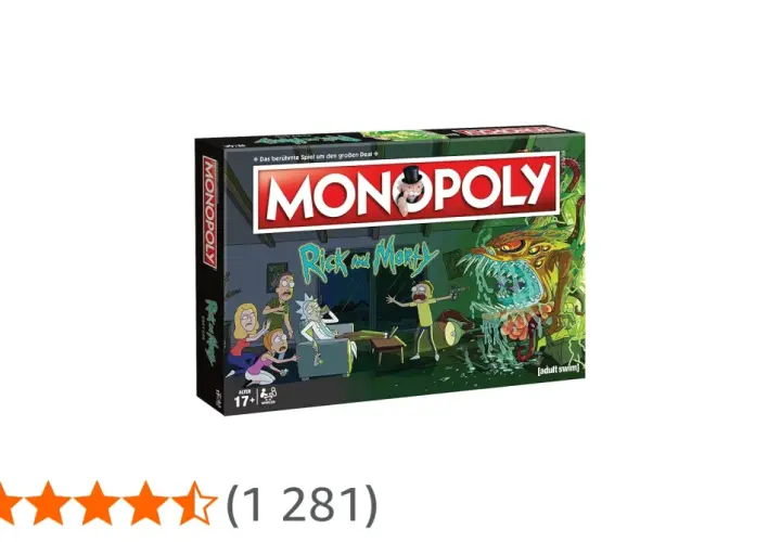 Pudełko gry Monopoly z Rickiem i Morty'm, gdzie Rick i Morty uciekają przed potworem.
