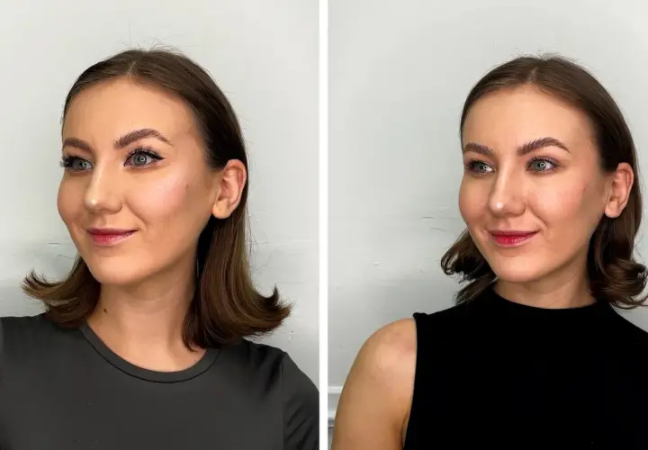 Två porträtt av en kvinna med douyin makeup. Hon har markerade ögonbryn, eyeliner och röda läppar.