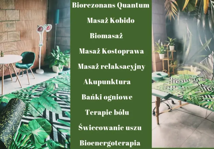 Gabinet z zielonymi akcentami, stołem do masażu i listą zabiegów.