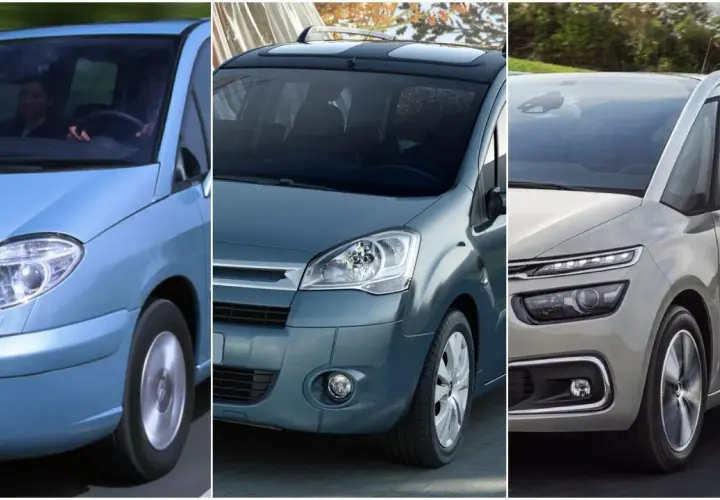 Trzy generacje Citroena 7 osobowego: błękitny minivan z kobietą za kierownicą, grafitowy z panoramicznym dachem i srebrny z nowoczesnymi światłami.